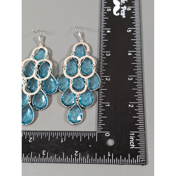 Teal Blue Teardrop Bezel Chandelier Long Dangle Earrings Boho Glam Statement - Picture 8 of 8